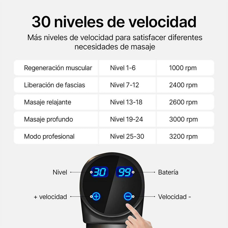 Pistola de masaje muscular de tejido profundo / 6 Cabezales / 30 velocidades / recargable