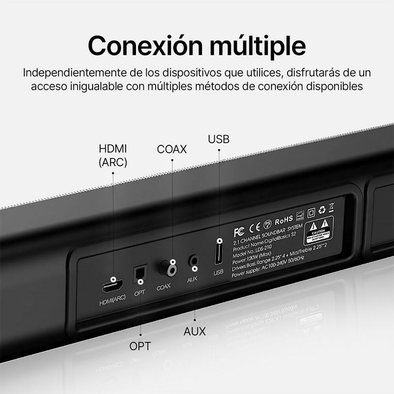 Barra de sonido para TV / Sonido envolvente y ultra claro / 4 modos de sonido / Conectividad Bluetooth / USB / HDMI / 120watts / Elegante y moderno