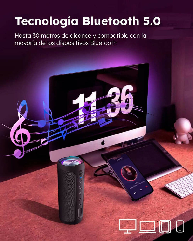 Altavoz Bluetooth / Potente sonido estéreo / Resistencia al agua IPX7 / Manos libres / Luz LED opcional / 20H de batería